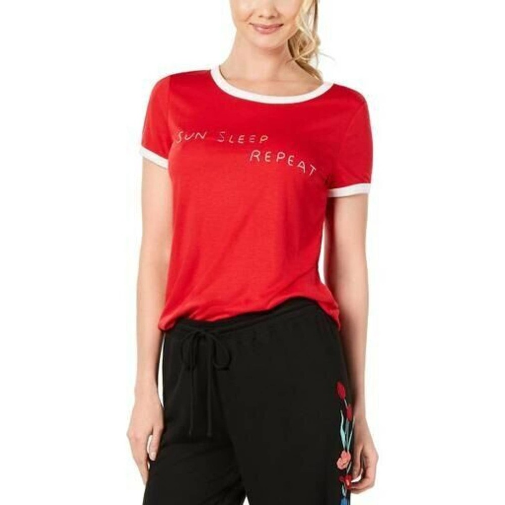 Jenni Ringer Pajama TShirt Short Sleeve Sun Sleep Repeat Red Knit Shirt - Picture 1 of 2